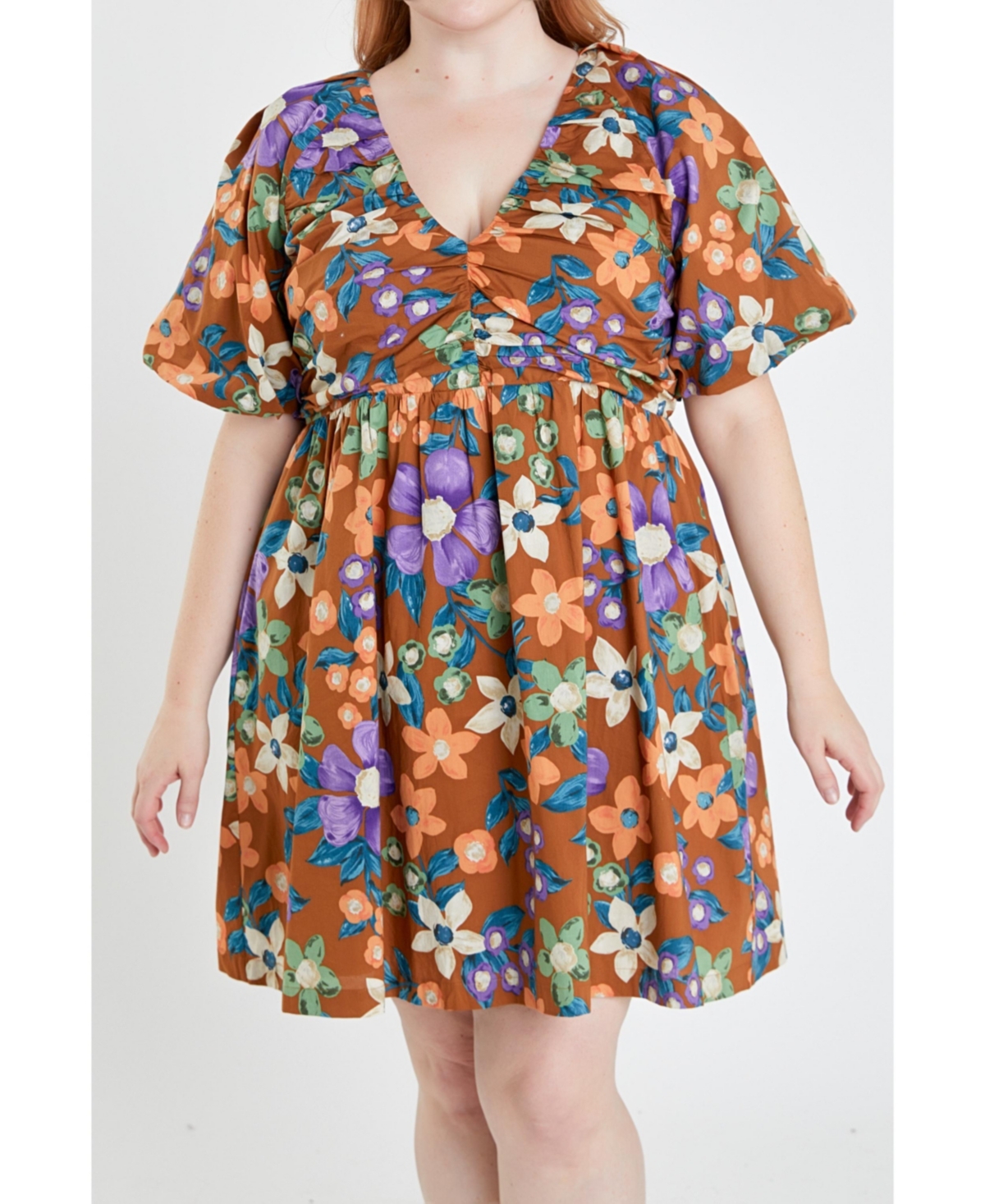 Women's Plus size Floral Puffy Sleeve Mini Dress - Brown multi