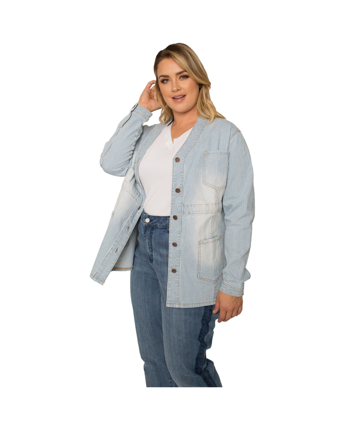 Women's Plus Size Pinstripe Denim Collarless Jacket - Light blue