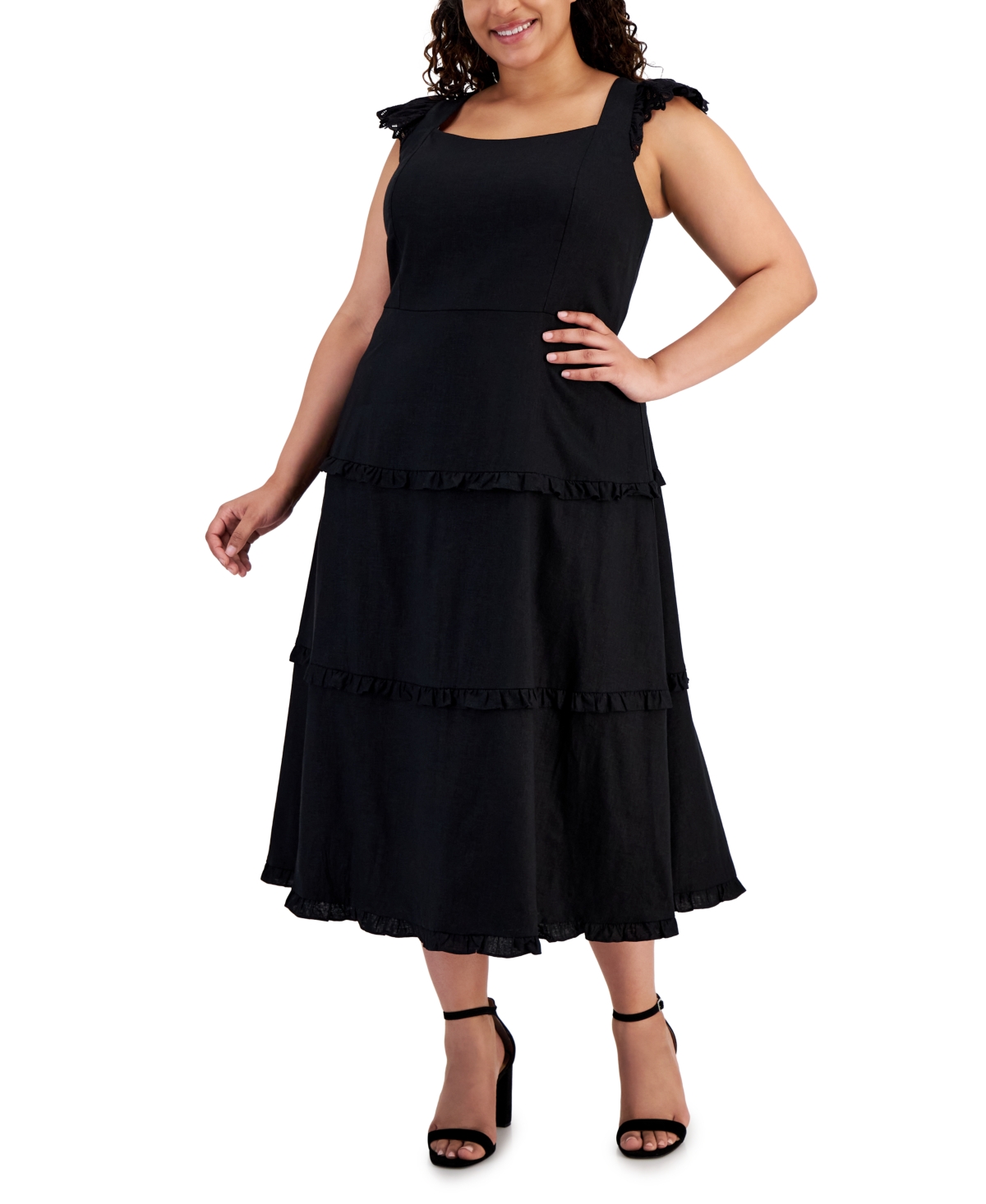 Plus Size Ruffle-Trimmed Tiered Midi Dress - Anne Black