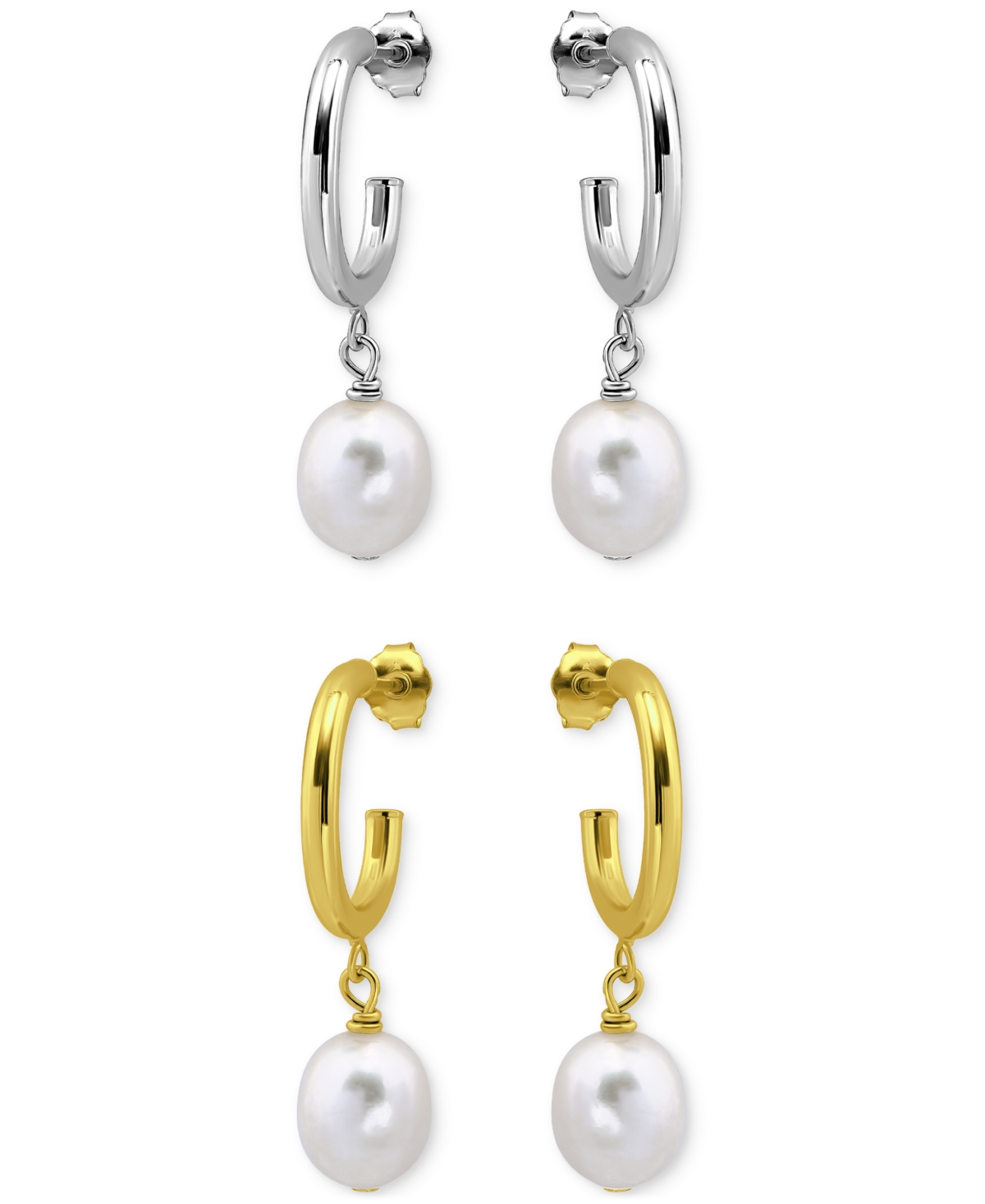 2-Pc. Set Cultured Freshwater Pearl (10 x 8mm) Dangle Hoop Earrings in Sterling Silver & 18k Gold-Plate