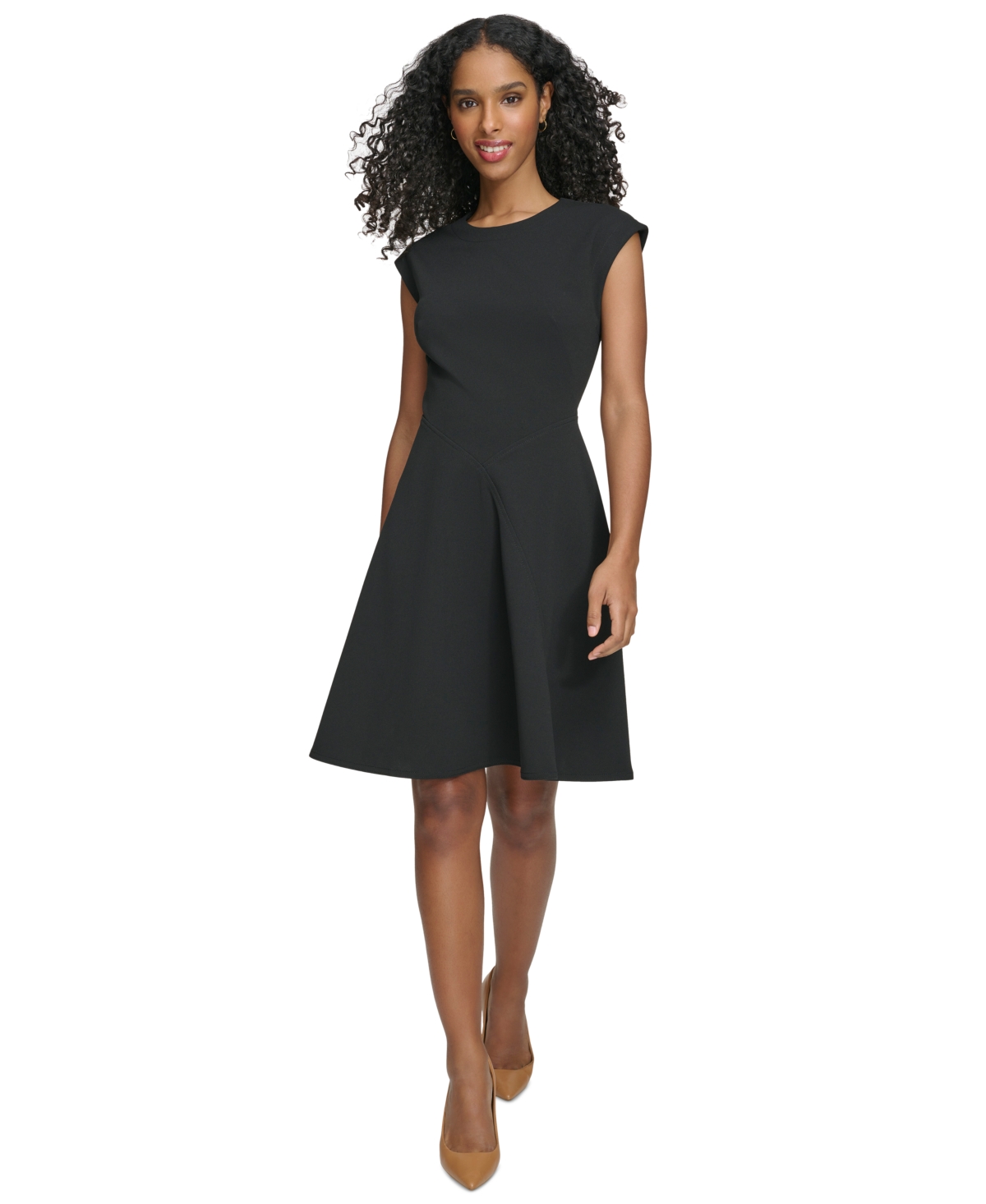 Shop Calvin Klein Petite Cap-sleeve Fit & Flare Dress In Black