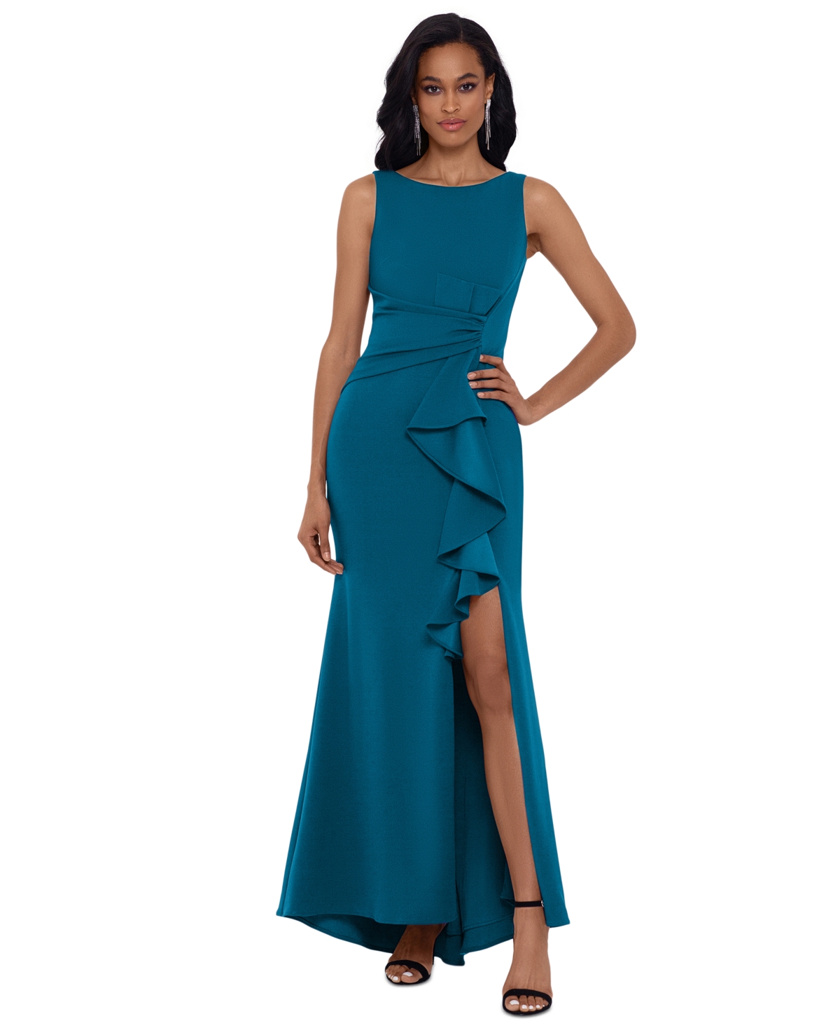 Betsy & Adam Petite Ruffled Boat-Neck Gown - Black