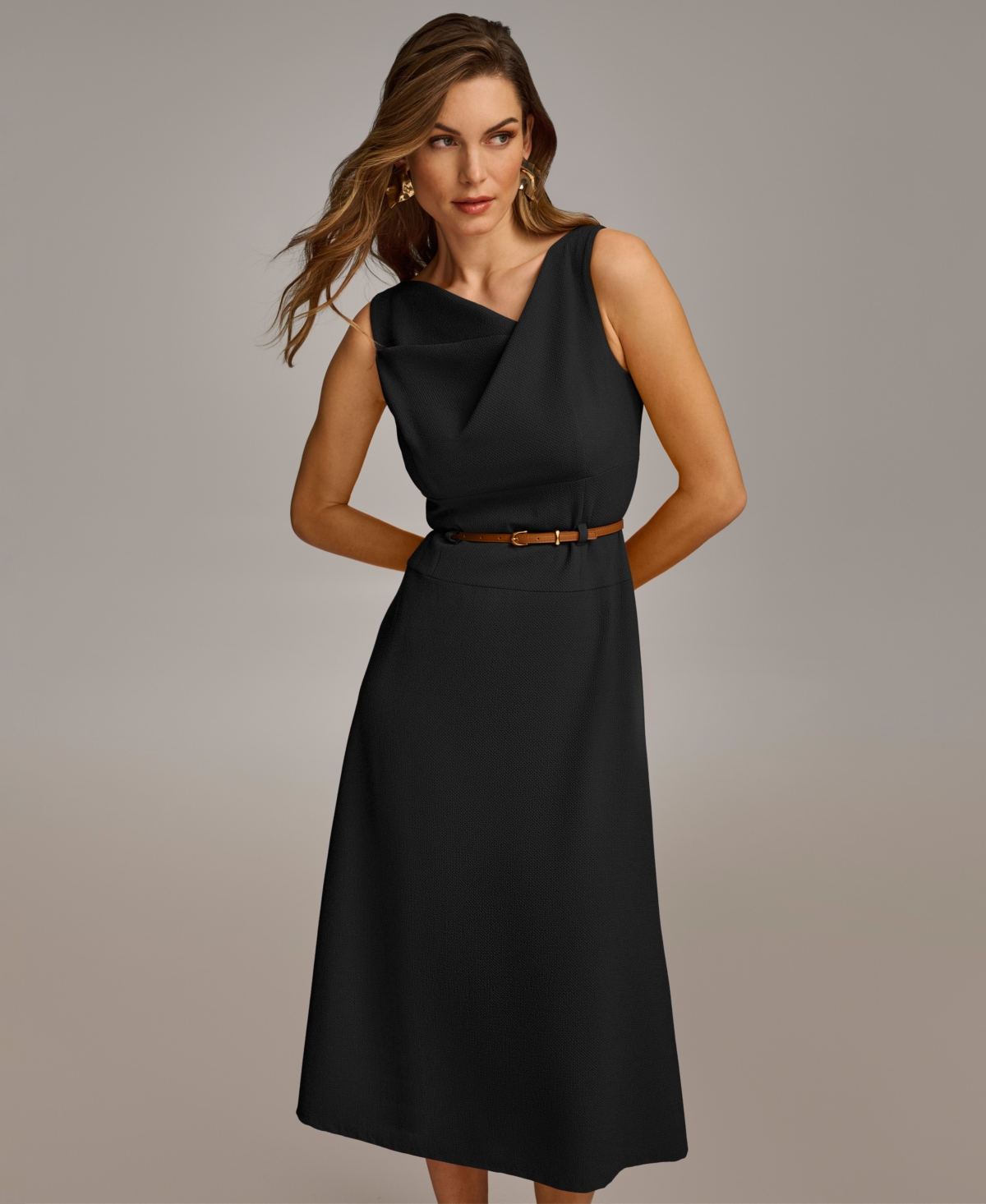 Shop Donna Karan Women's Belted Asymmetric Midi Dress In Black