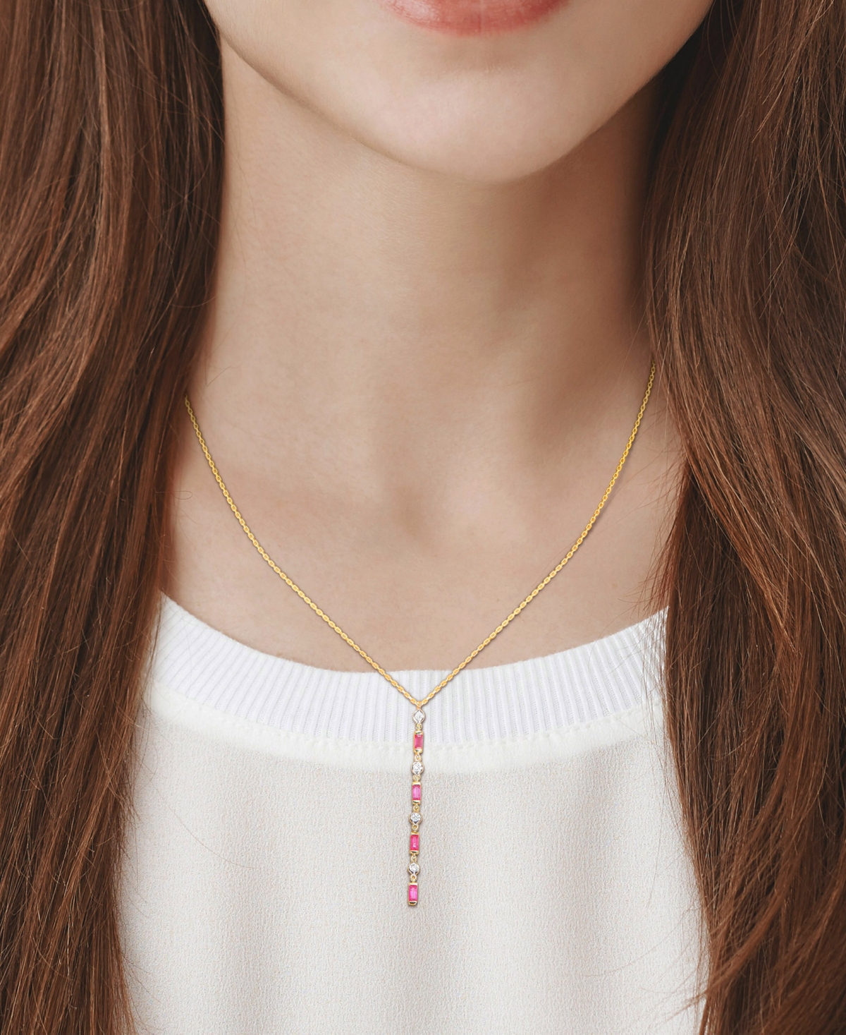 MACY'S RUBY (5/8 CT. T.W.) & DIAMOND (1/5 CT. T.W.) LARIAT NECKLACE IN 10K GOLD, 16-1/2" + 1" EXTENDER 