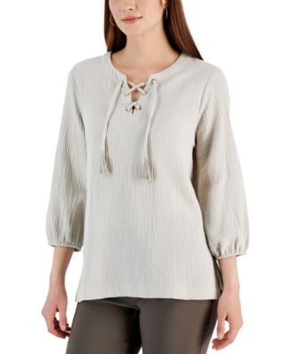 JM Collection - Women's Cotton Gauze Tasseled Lace-Up Top