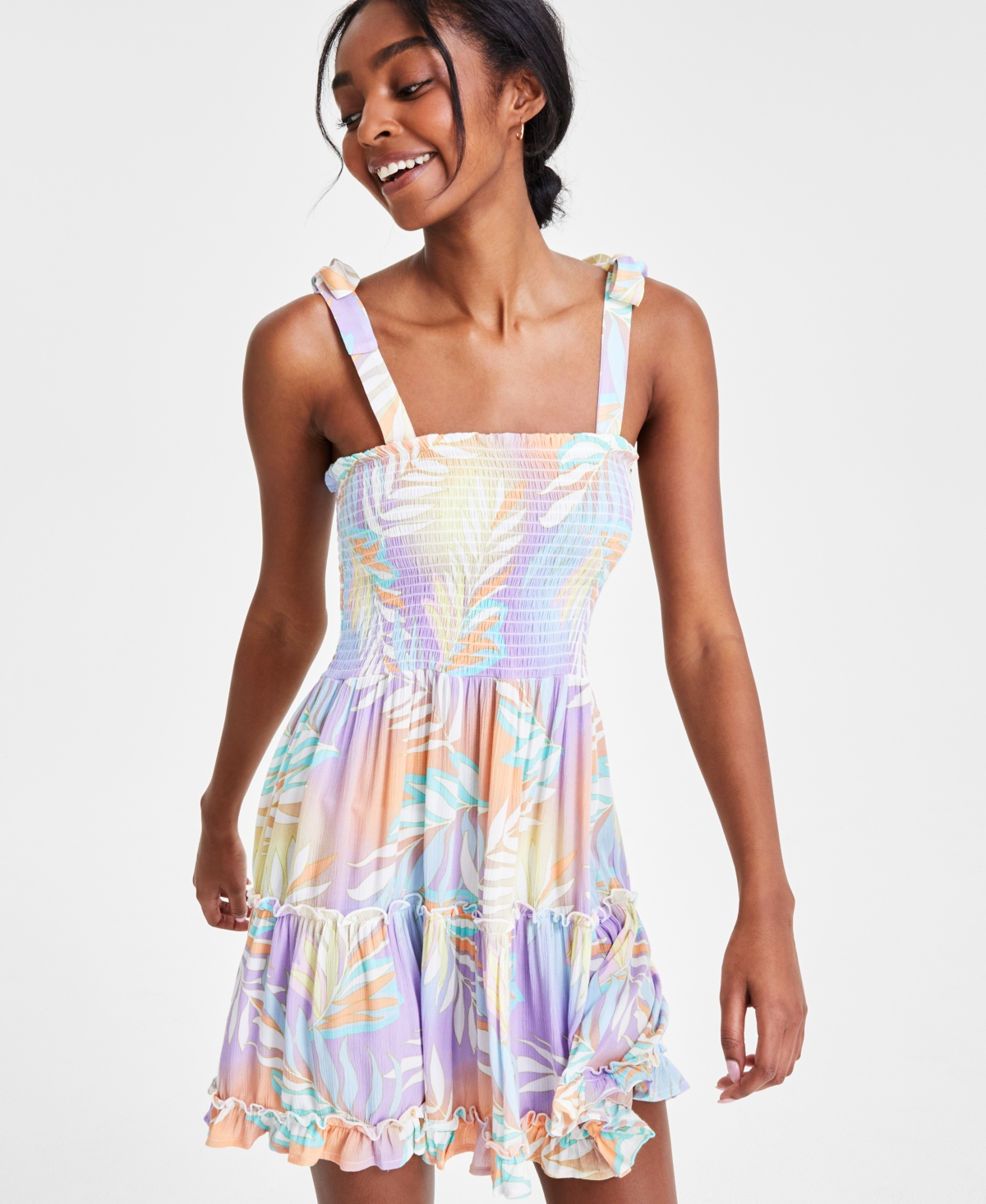 Shop Miken Juniors' Smoked Printed Ruffle-trim Sleeveless Dress Swim Cover-up, Created For Macy's In Crocus Petal