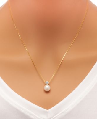 2-Pc. Set Cultured Freshwater Pearl (8mm) & Cubic Zirconia 18" Pendant Necklace and Stud Earrings Set in 18k Gold-Plated Sterling Silver