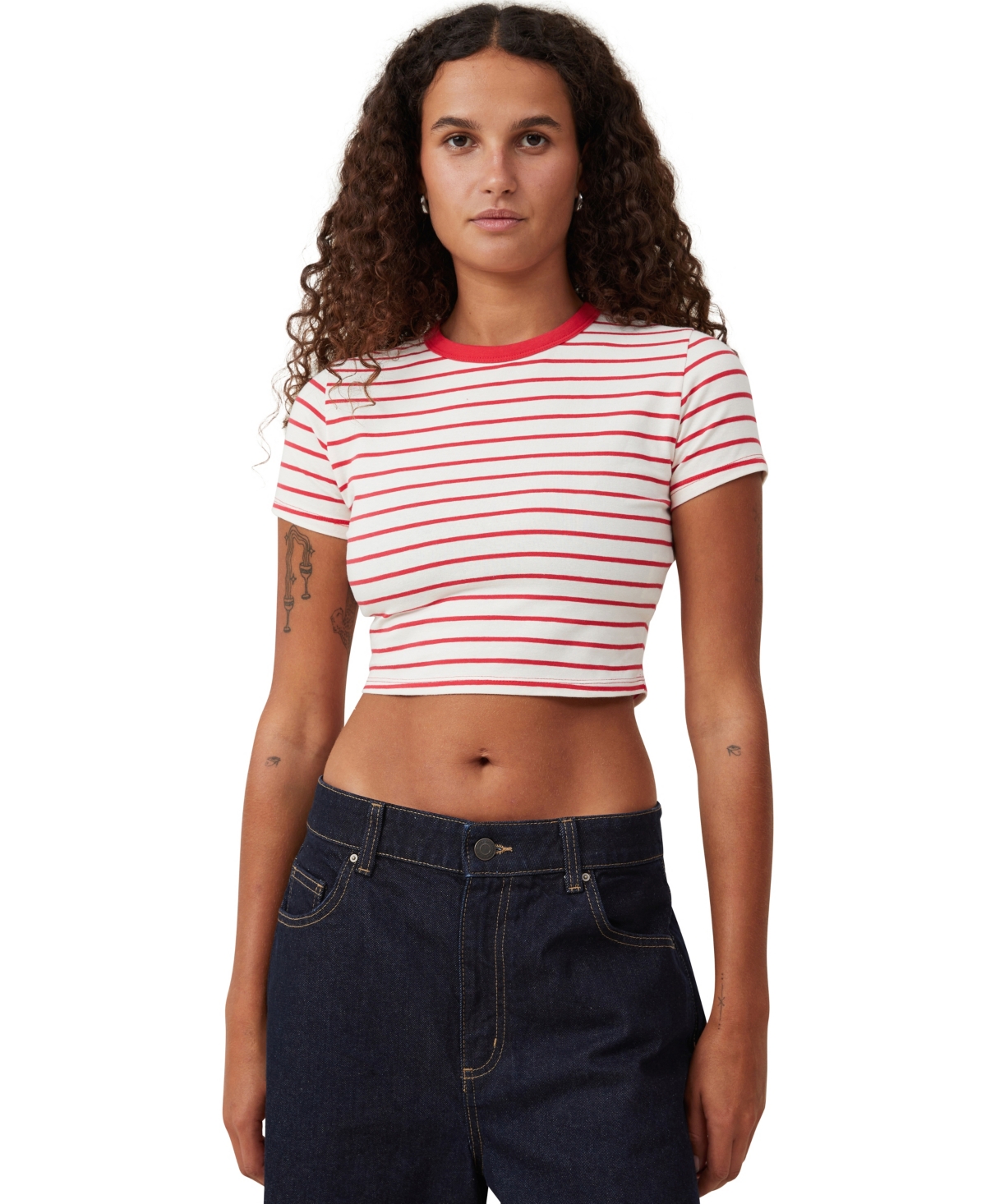 Shop Cotton On Women's Micro Crop T-shirt In Kyle Stripe Porcelain,fiery Red
