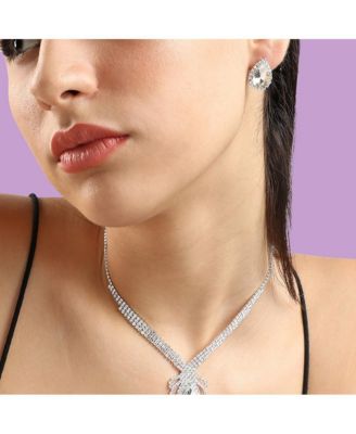 Women's Silver Bling Cluster Necklace And Earrings (Set Of 2)