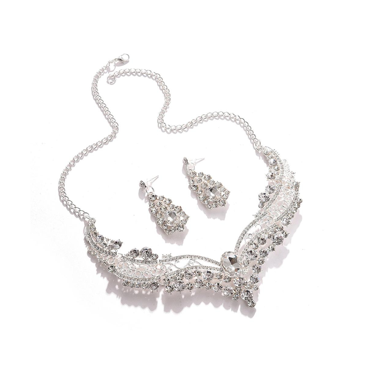 Sohi Women's Silver Maxi Embellished Necklace And Earrings (set Of 2)