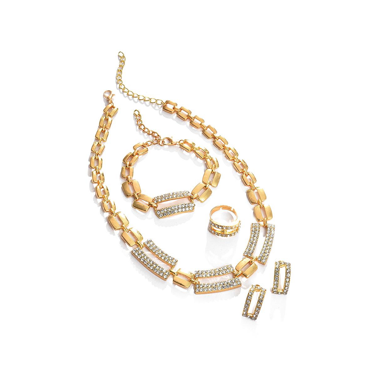 Women's Gold Embellished Geometric Necklace, Earrings, Bracelet And Ring (Set Of 4) - Gold