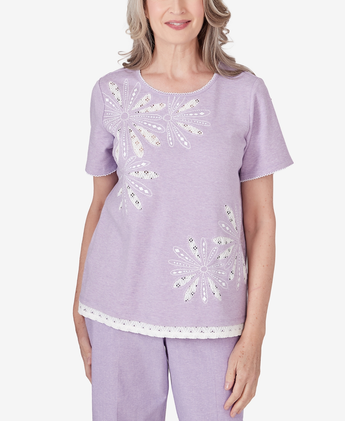 Shop Alfred Dunner Petite Garden Party Short Sleeve Flower Lace Trim Top In Lavender