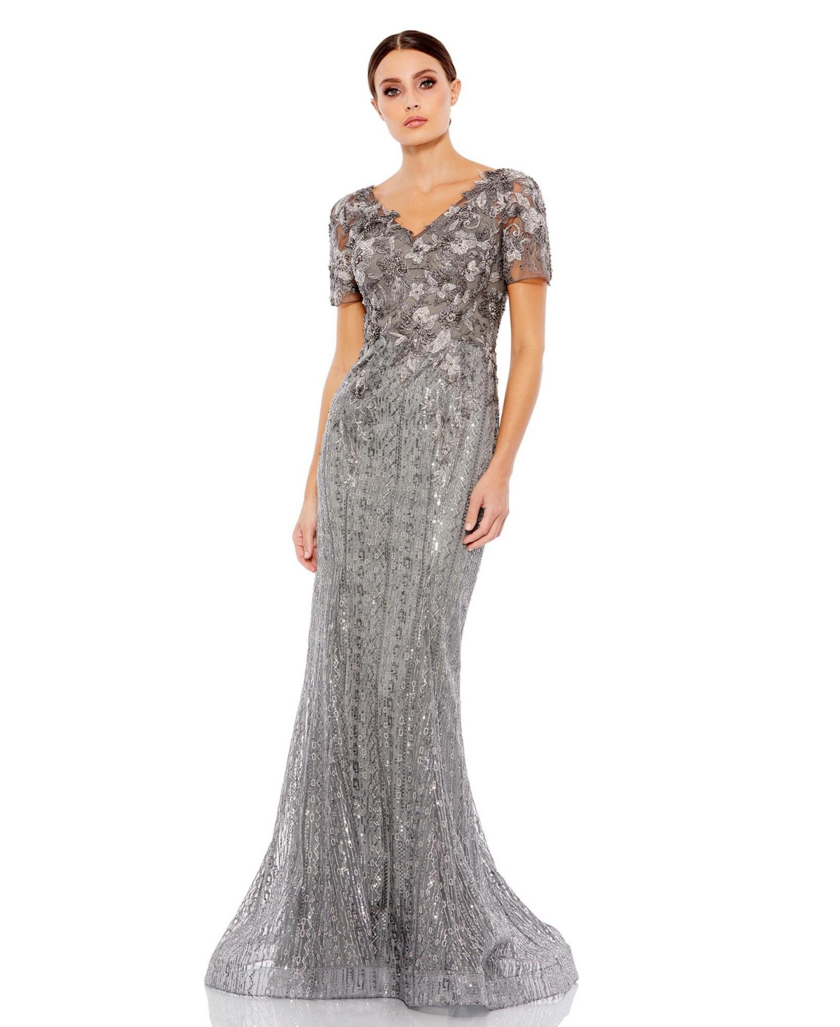 Mac Duggal Embellished V-neckline Trumpet Gown In Dark Grey | ModeSens
