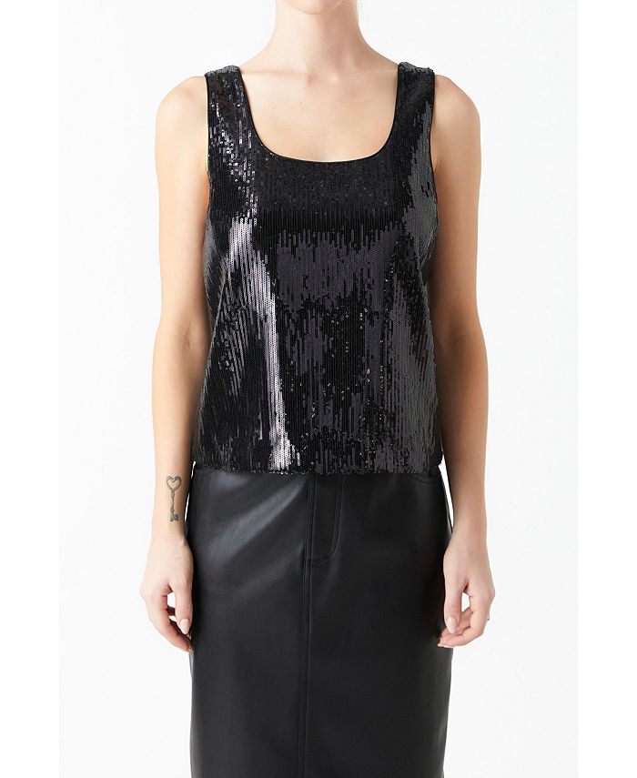 Grey Sequin Sleeveless Blouse with Scoop Neckline