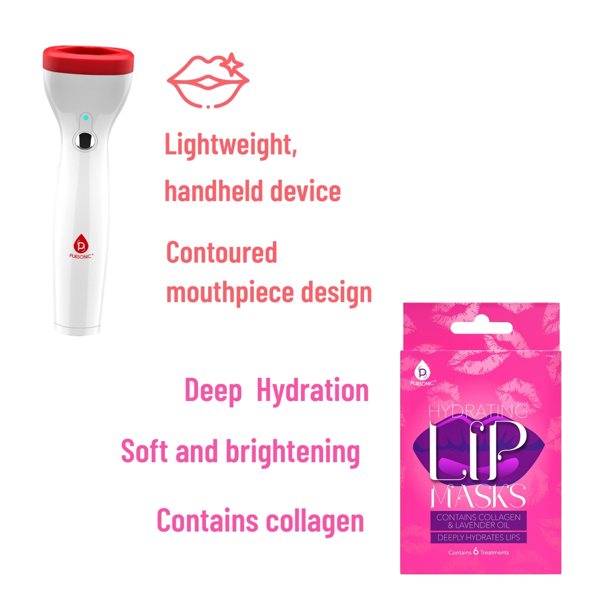 Pursonic Lip Care Power Duo: Hydrating Lip Masks (Pack of 6) and Automatic Fuller Lip Plumper Device