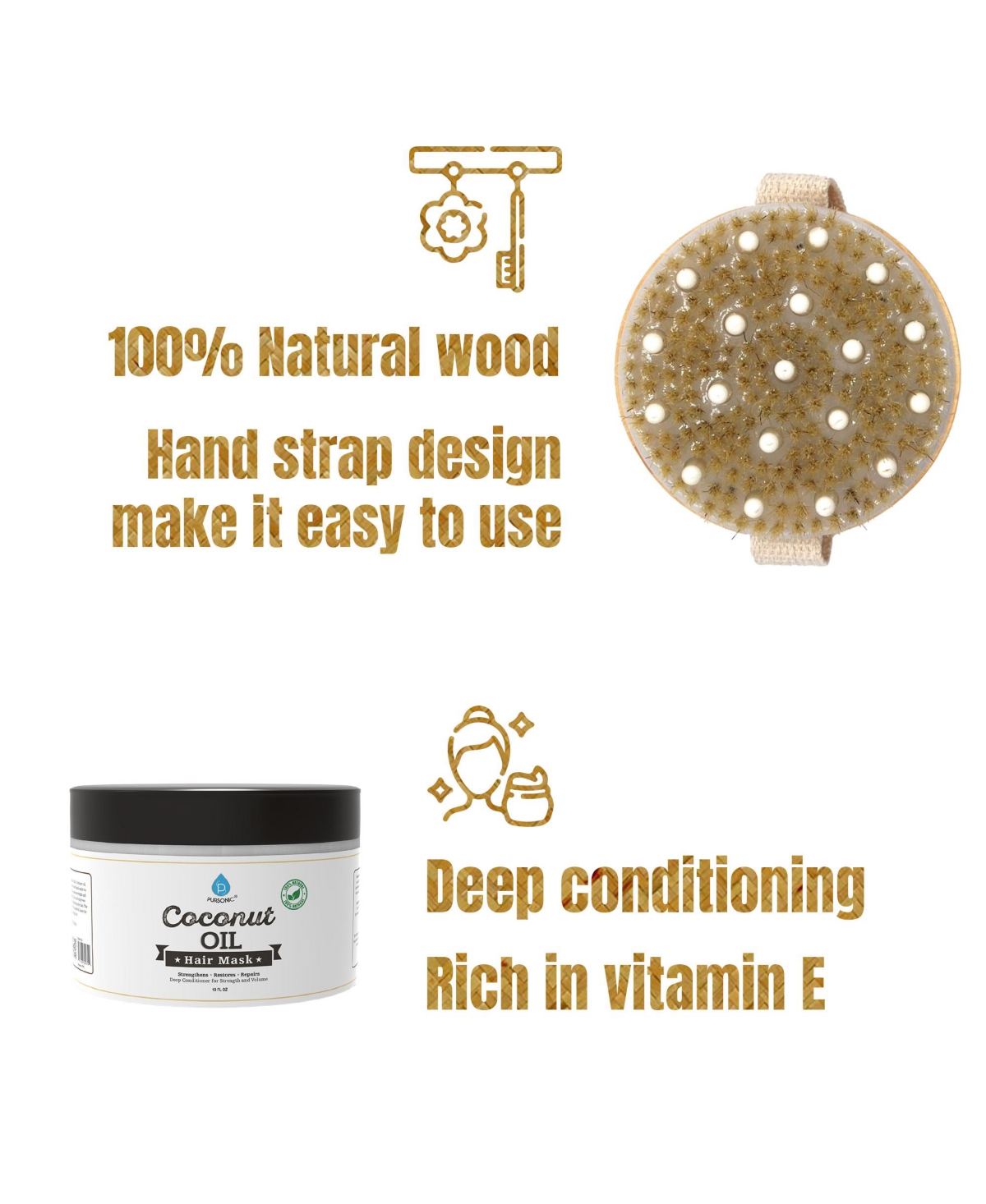 Pursonic Hair Care and Massage Bundle: Bath Brush and Rubber Massager with Lotus wooden handle + 100% Natural Coconut Oil Hair Mask
