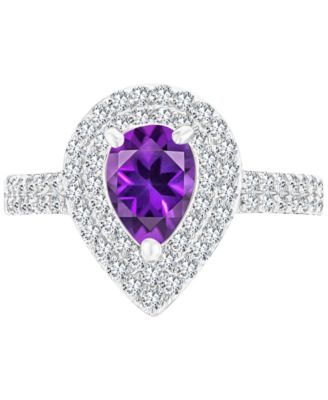 Macy's - Amethyst (3/4 ct. t.w.) & Lab-Grown White Sapphire (3/4 ct. t.w.) Teardrop Halo Birthstone Ring in Sterling Silver (Also in Additional Birthstones)