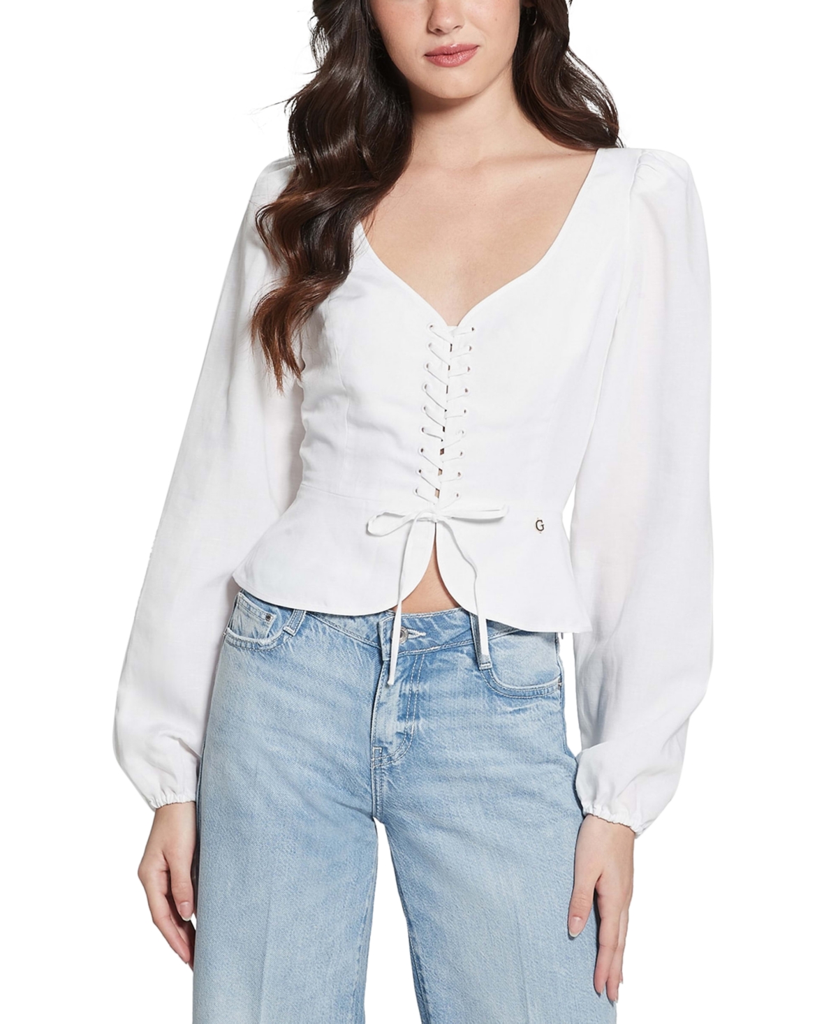 Guess Women's Federica Long-sleeve Lace-up Top In Pure White