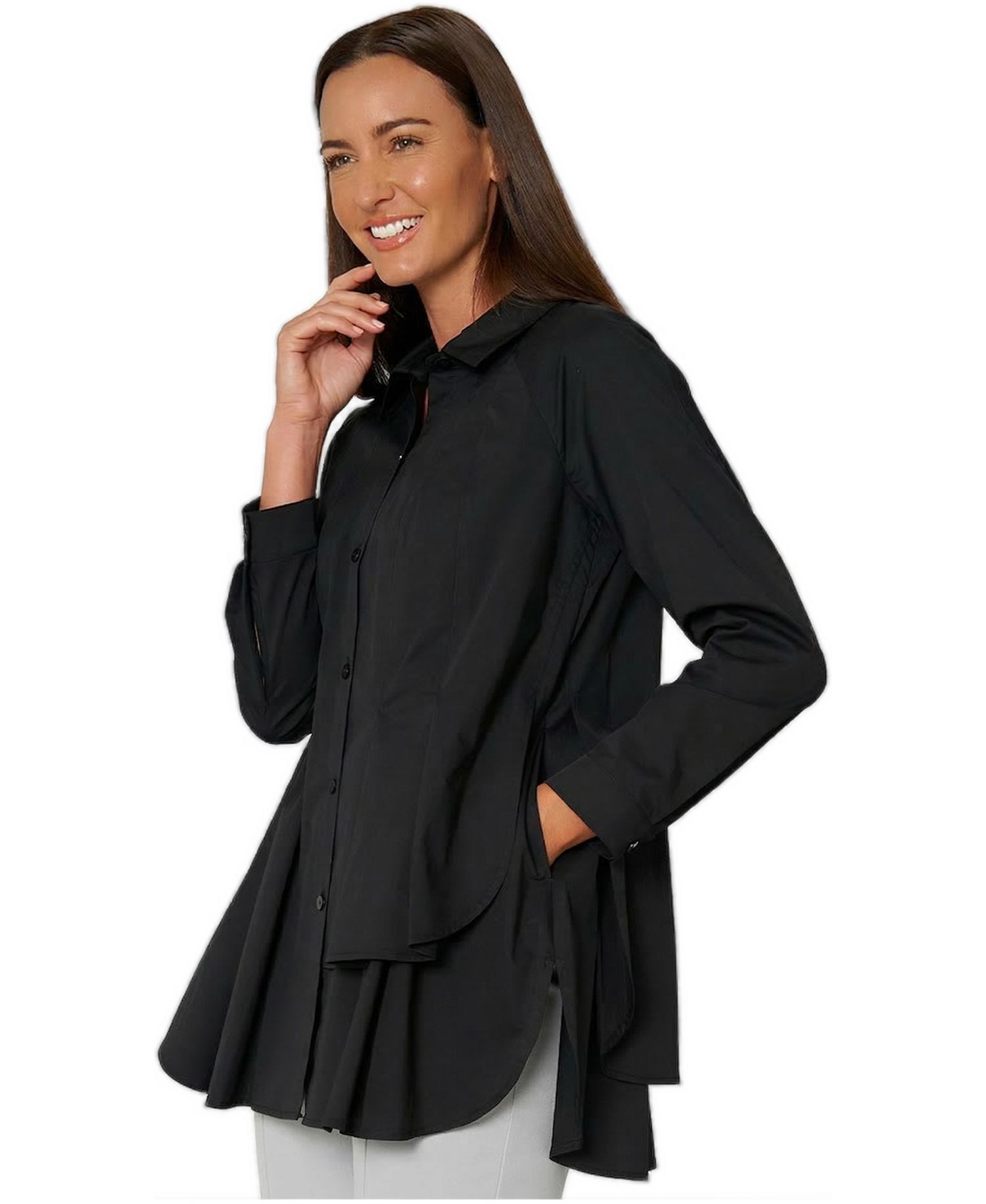 Women's Asymmetrical Tier Collared Button-Front Shirt Top Sensation Tunic