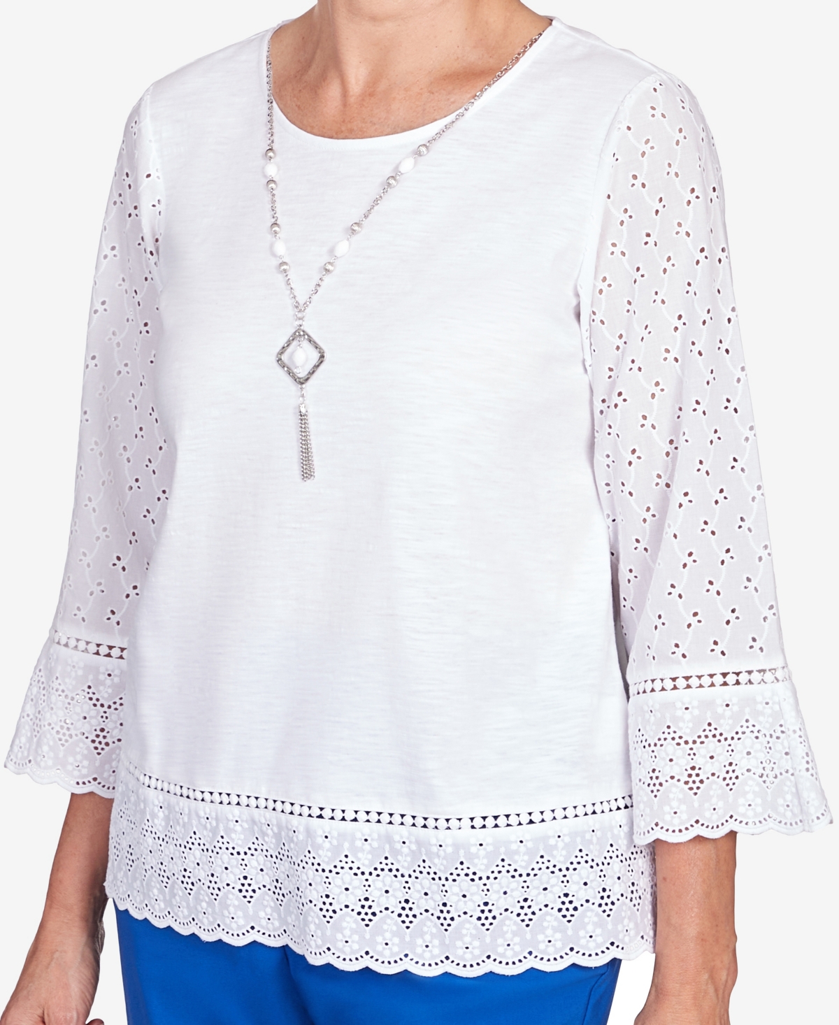 Shop Alfred Dunner Petite Tradewinds Eyelet Trim Flutter Sleeve Necklace Top In White