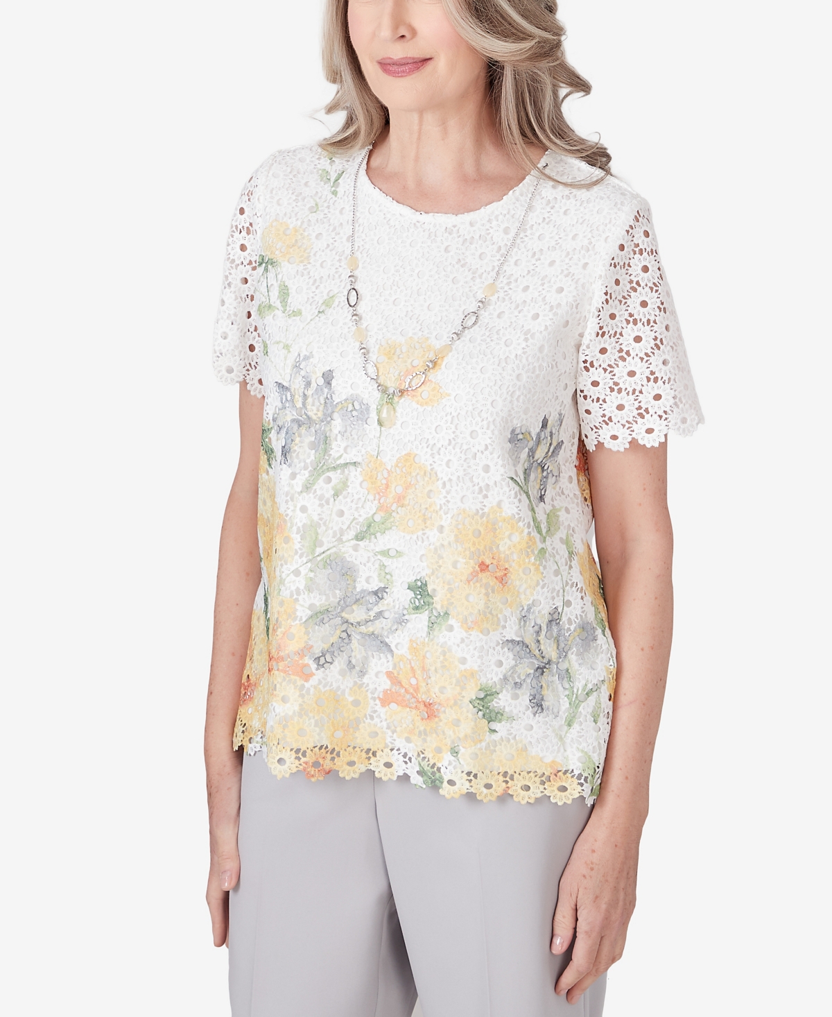 Shop Alfred Dunner Petite Charleston Short Sleeve Floral Lace Necklace Top In Multi