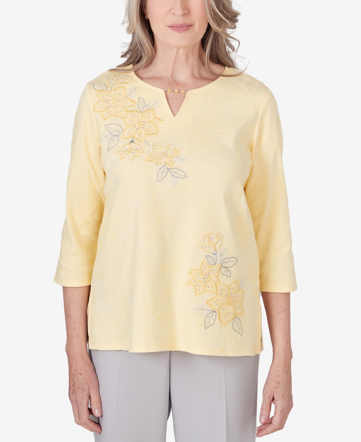 Shop Alfred Dunner Petite Charleston Keyhole Neck Floral Embroidered Top In Yellow