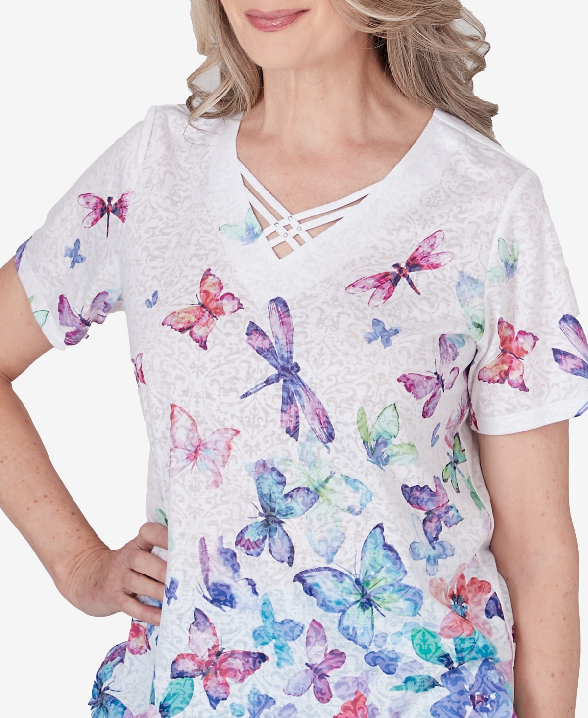 Shop Alfred Dunner Petite Summer Breeze Butterfly Print Short Sleeve Top In Multi