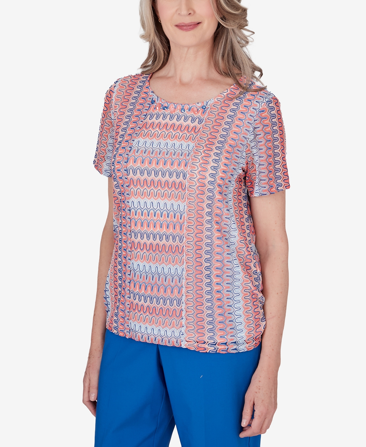 Shop Alfred Dunner Petite Neptune Beach Textured Stripe Side Ruched Top In Multi