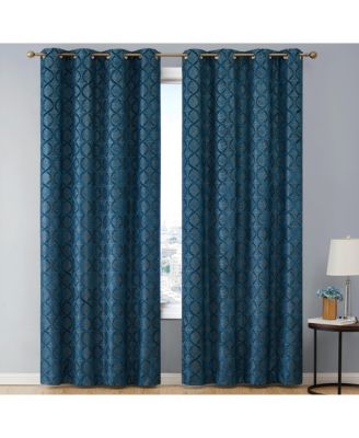 Versailles Lattice Flocked 100% Complete Blackout Thermal Insulated Window Curtain Grommet Panels, Energy Savings & Soundproof - Set of 2