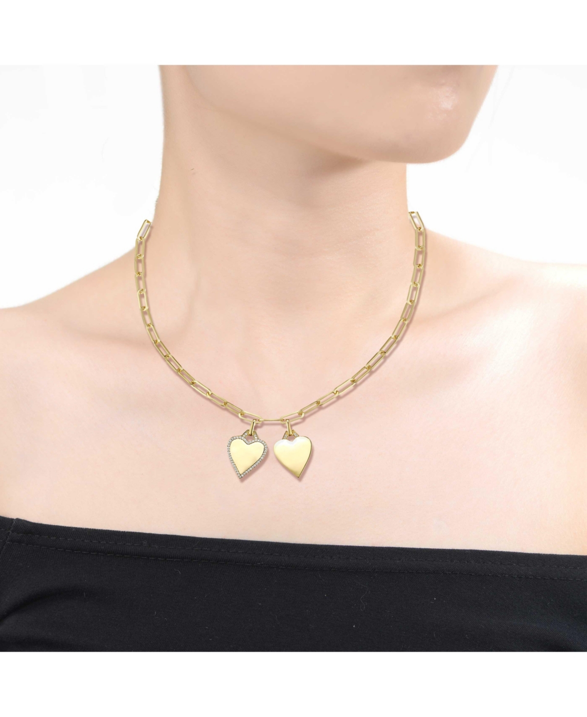 Sterling Silver 14kPlated with Cubic Zirconia Double Heart Charm Necklace - Gold