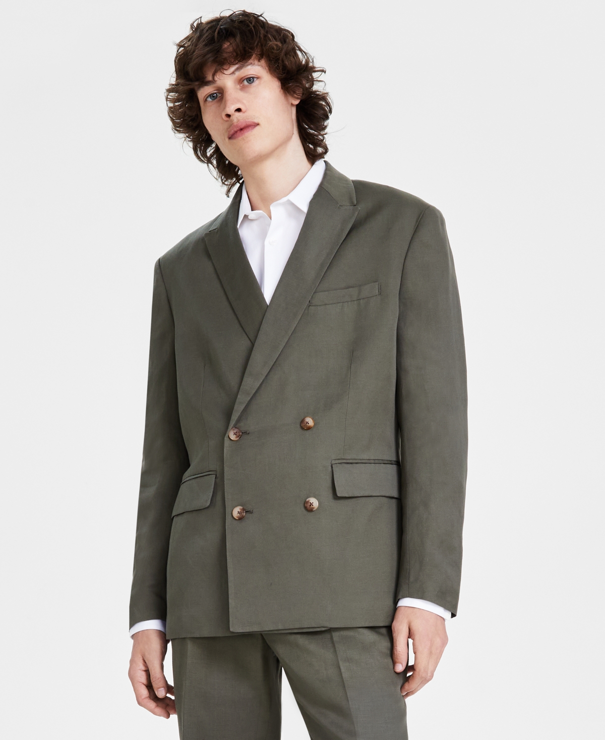 Men's Linen Classic-Fit Solid Double-Breasted Suit Jacket, Created for Macy's - Olive Twist