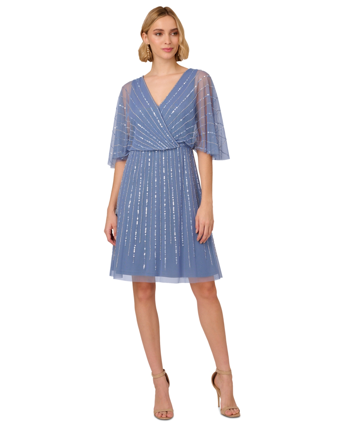 Shop Adrianna Papell Plus Size Surplice-neck Beaded Short Dress In French Blue