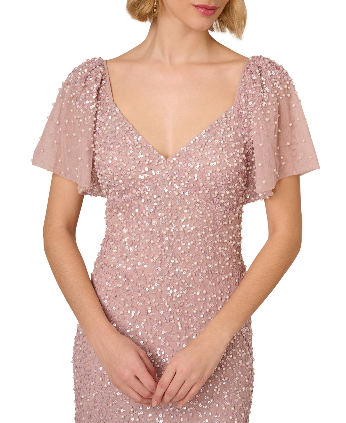 Shop Adrianna Papell Women's Beaded Sequin Mesh Gown In Cameo