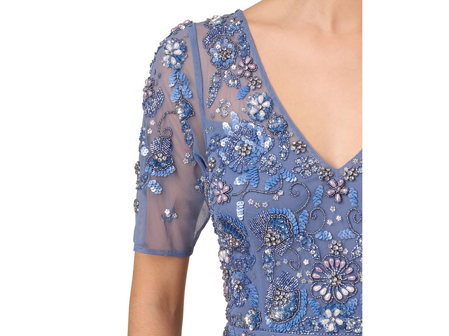 Женские платья Adrianna Papell V-Neck Beaded Short-Sleeve Mesh Gown, цвет: Biscotti — фото 9