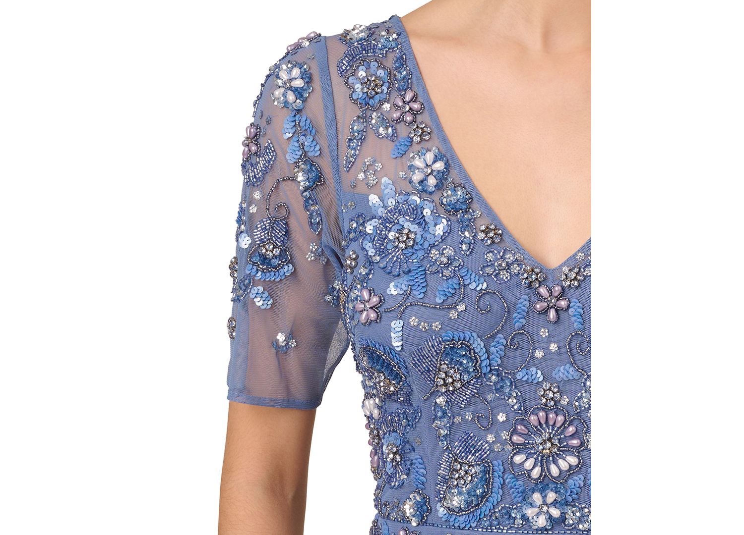Women's V-Neck Beaded Short-Sleeve Mesh Gown