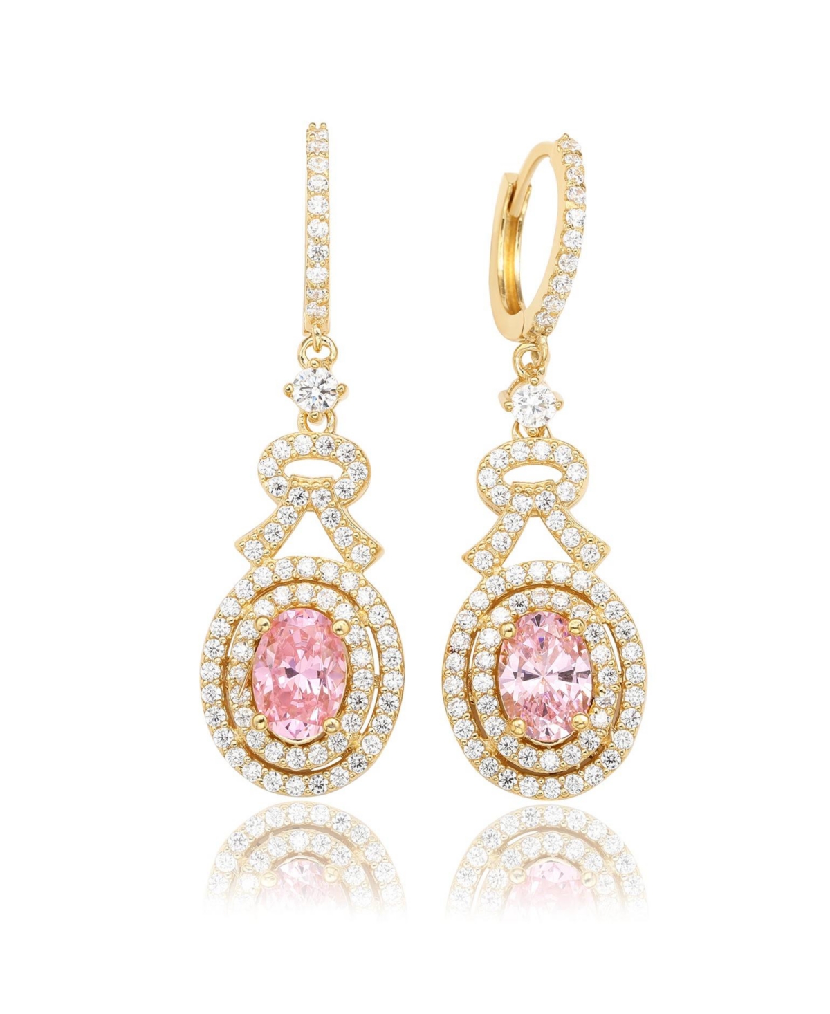 Suzy Levian Sterling Silver Cubic Zirconia Regal Oval Double Halo Drop Dangle Earrings - Pink