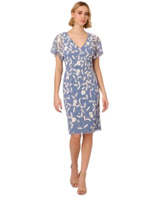 Adrianna Papell - Women's Beaded Dolman-Sleeve Sheath Mesh Dress