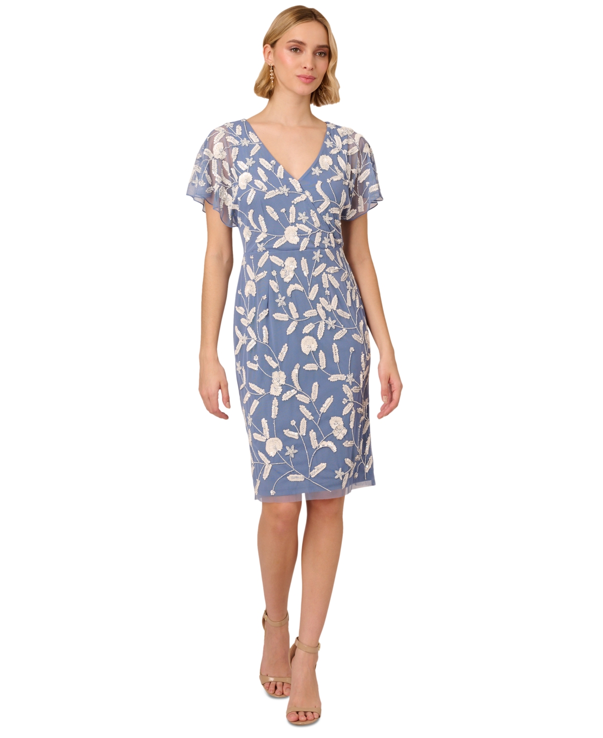 Women's Beaded Dolman-Sleeve Sheath Mesh Dress - Blue Ivory