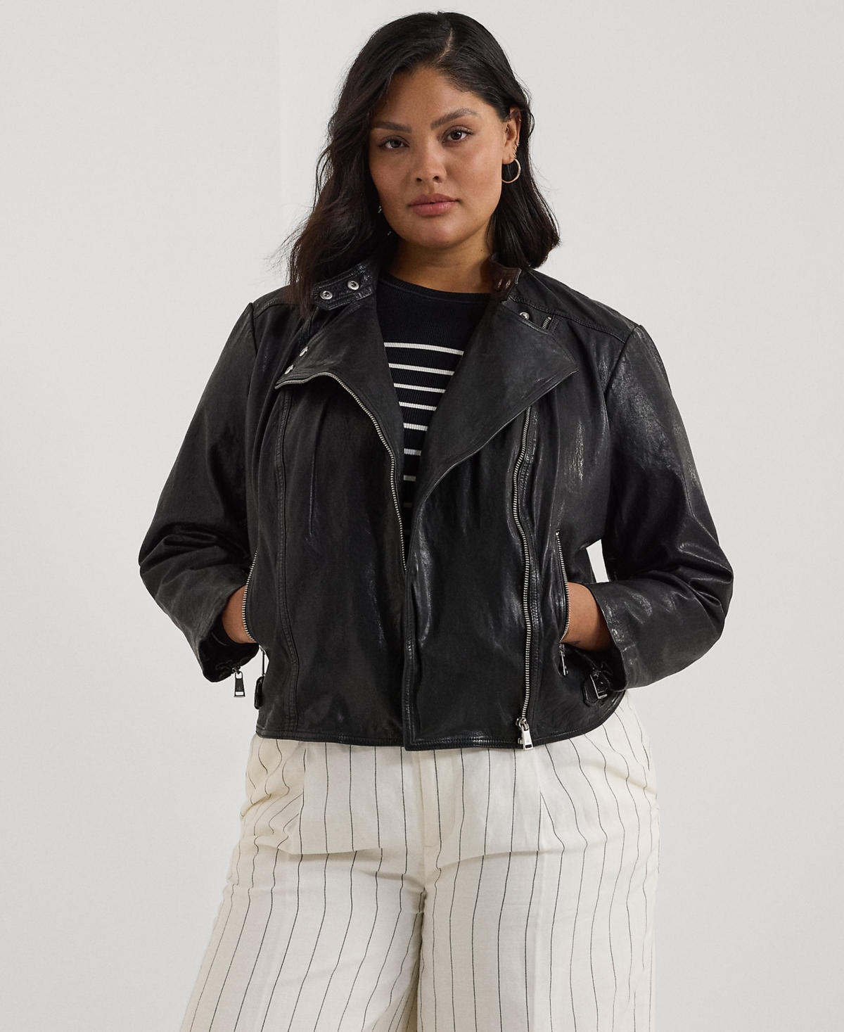 Lauren Ralph Lauren Plus Size Leather Moto Jacket In Polo Black