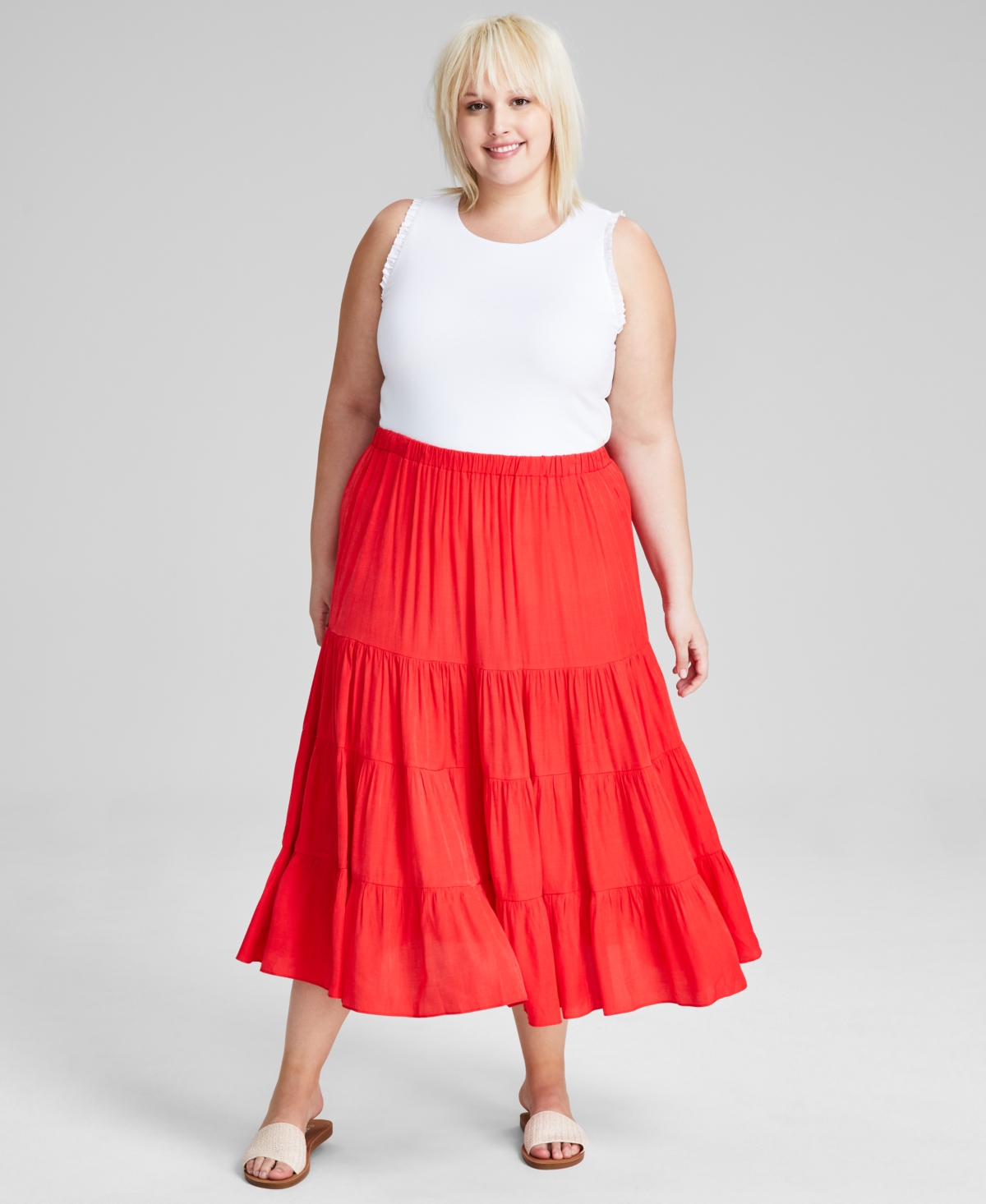 Shop And Now This Plus Size Pull-on Tiered Midi Skirt In Hibiscus
