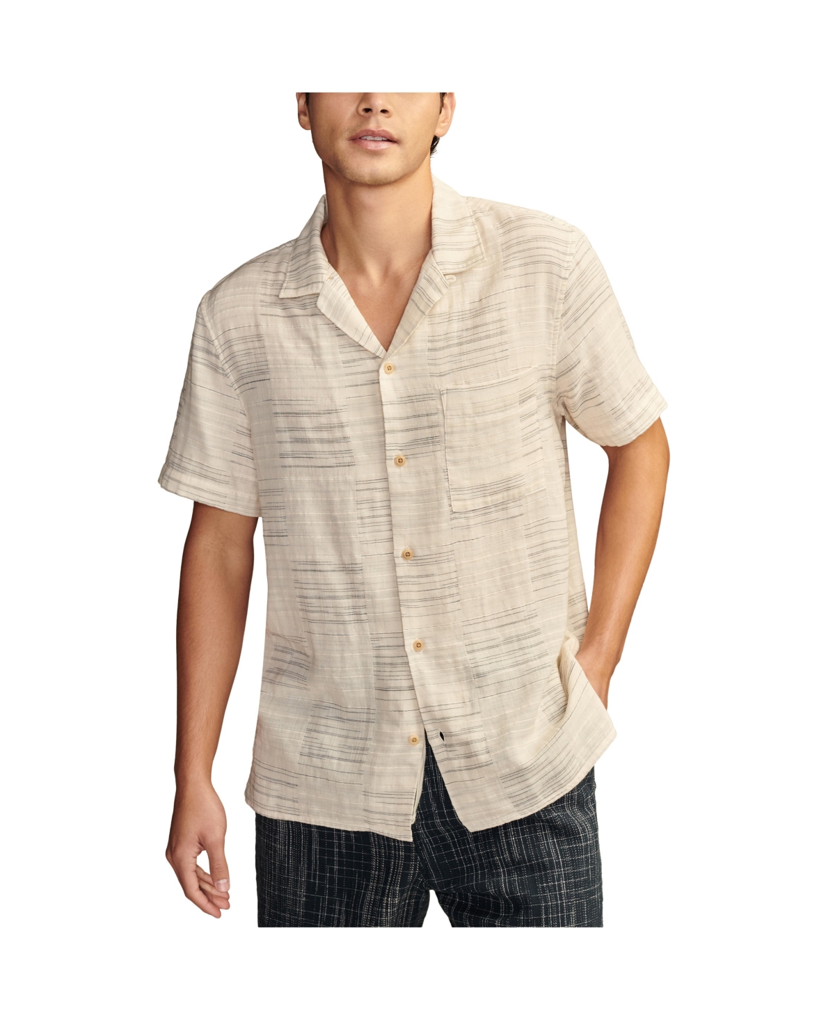 Men's Patchwork Double Weave Short Sleeve Camp Collar Shirt - Patchwork