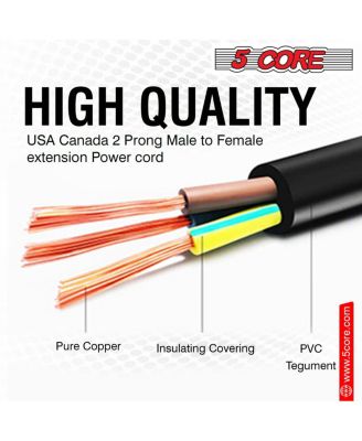 AC Power Cord 10 Ft • 2 Prong Extension Adapter • 16AWG/2C 125V 13A • US Polarized Male to Female Outlet Extension Cable Black