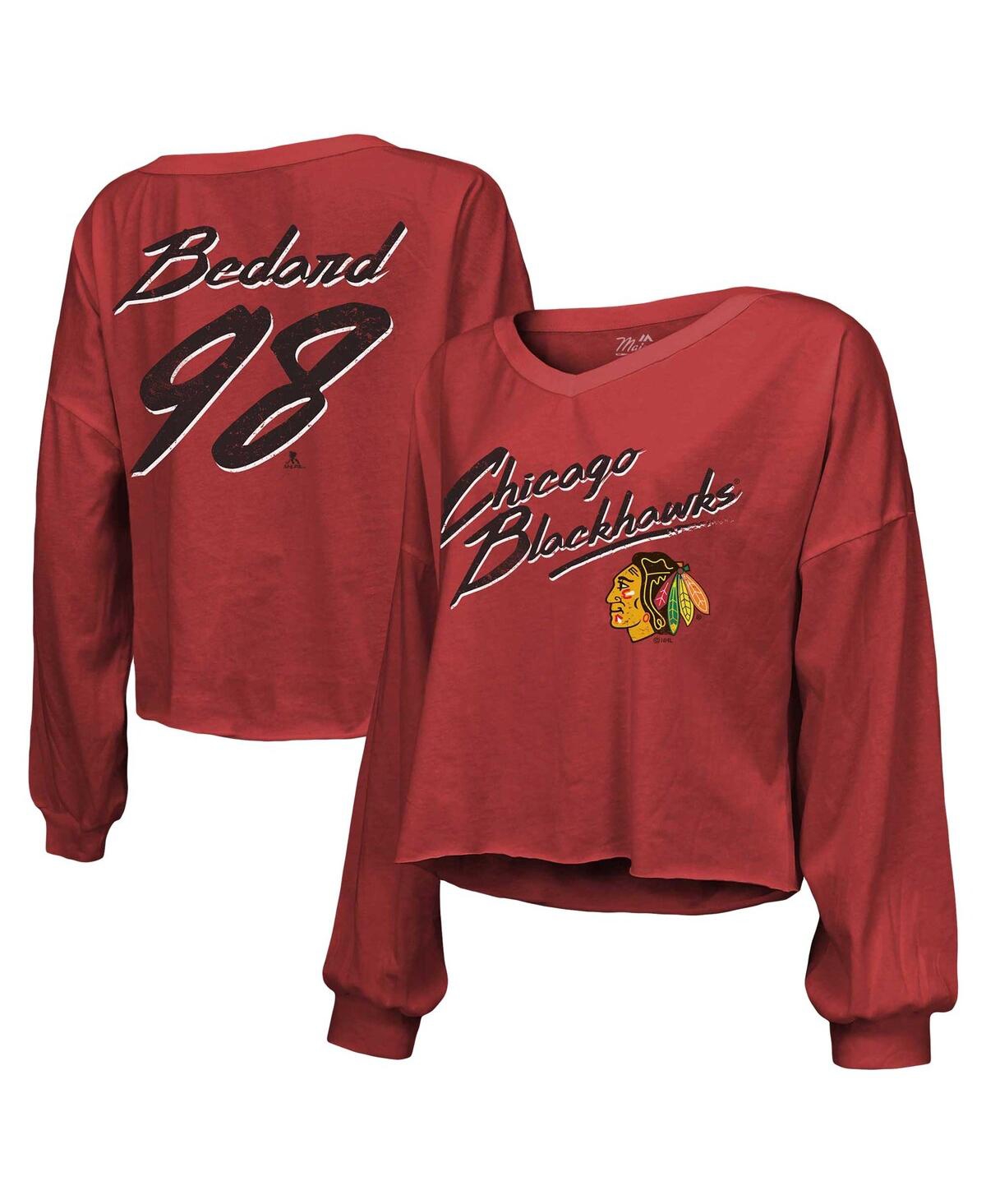 Majestic Women's  Threads Connor Bedard Red Distressed Chicago Blackhawks Off-shoulder Name And Numbe