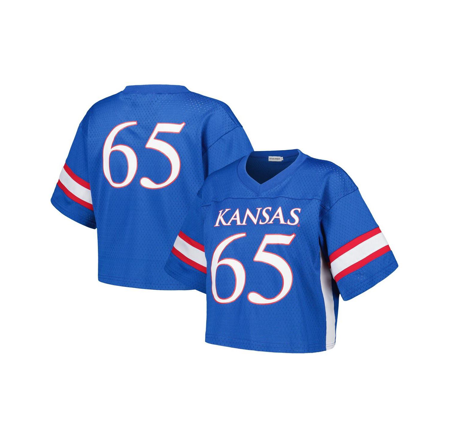 Women's #65 Royal Kansas Jayhawks Fashion Boxy Cropped Football Jersey