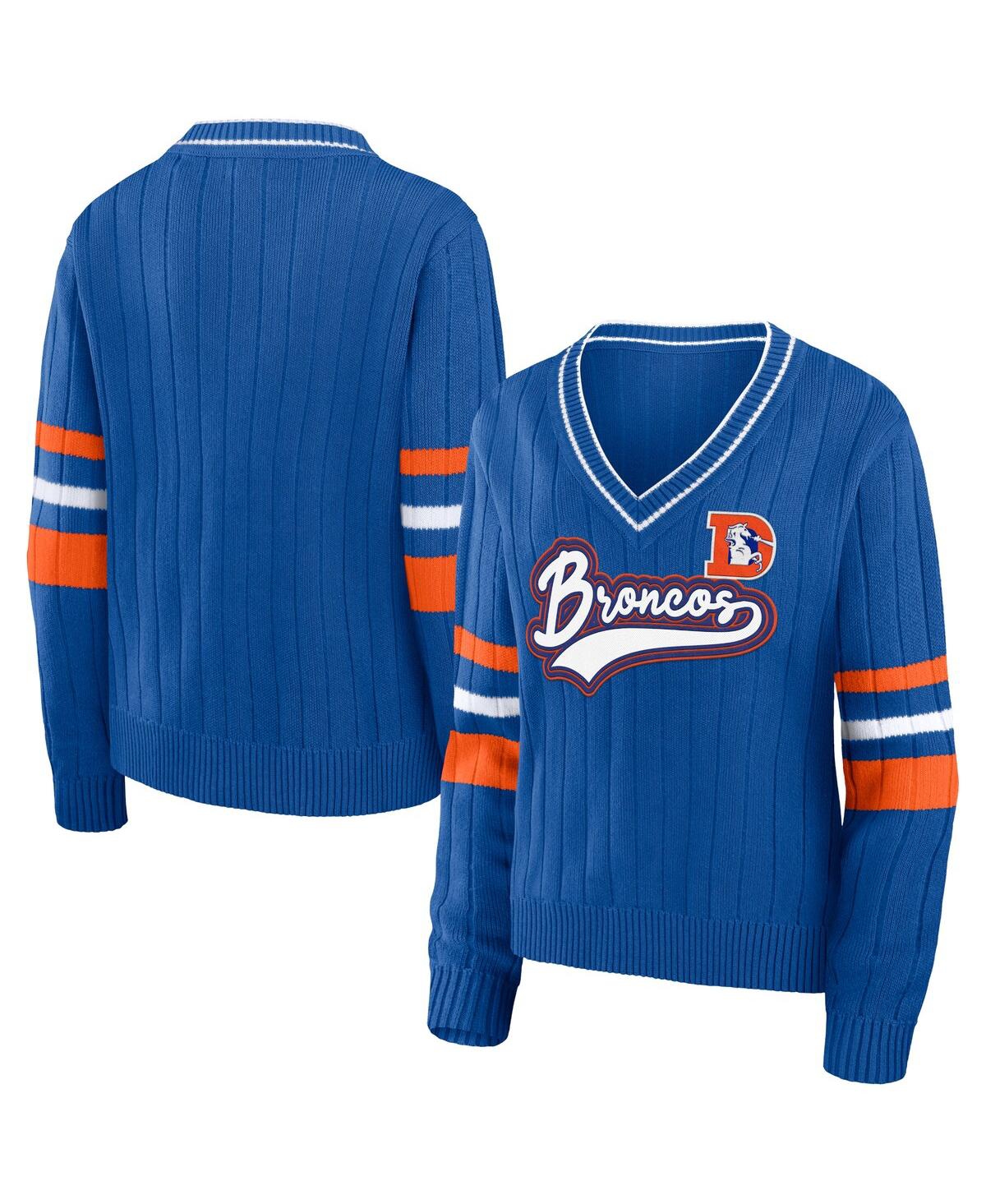 Shop Wear By Erin Andrews Women's  Royal Distressed Denver Broncos Throwback V-neck Sweater