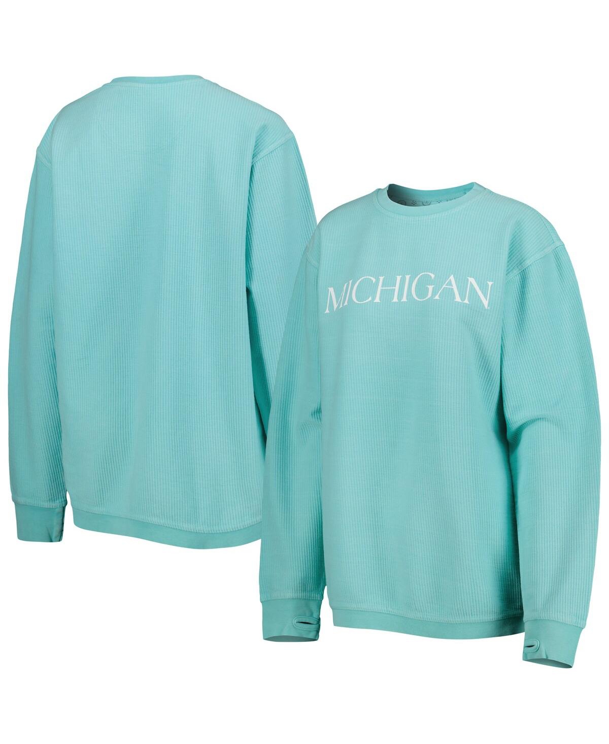 Women's Pressbox Mint Distressed Michigan Wolverines Comfy Cord Bar Print Pullover Sweatshirt - Mint