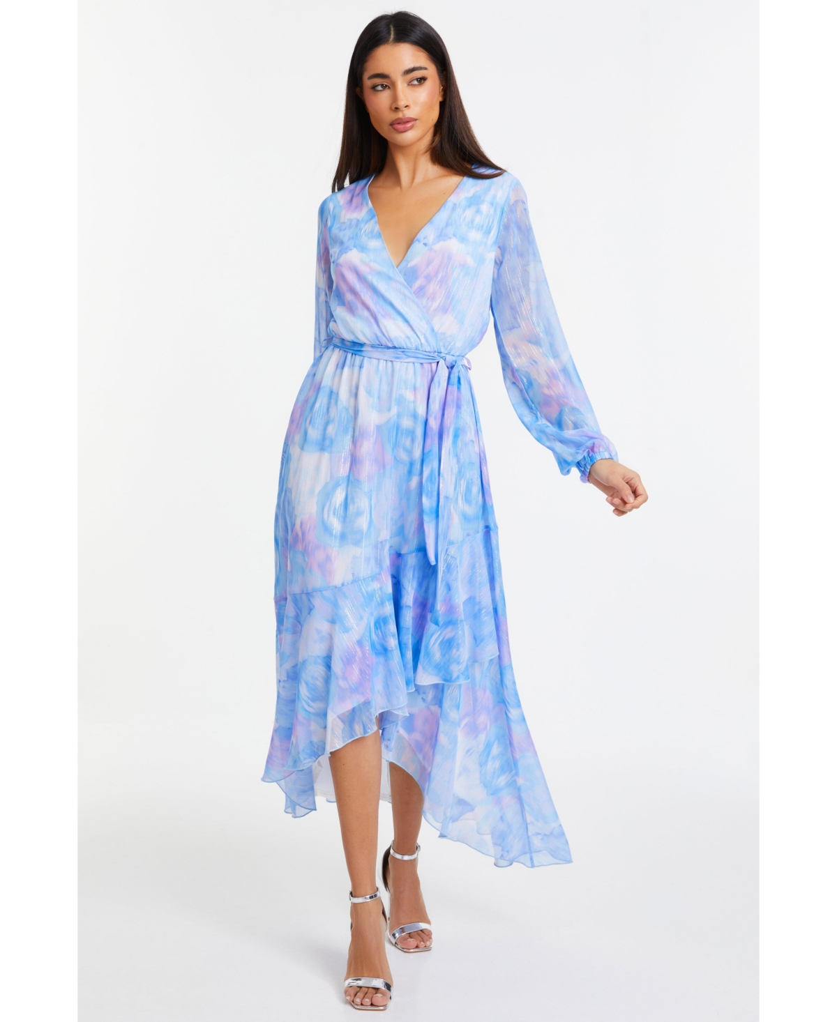 Plus Size Chiffon Water Color Long Sleeve Maxi Dress - Blue