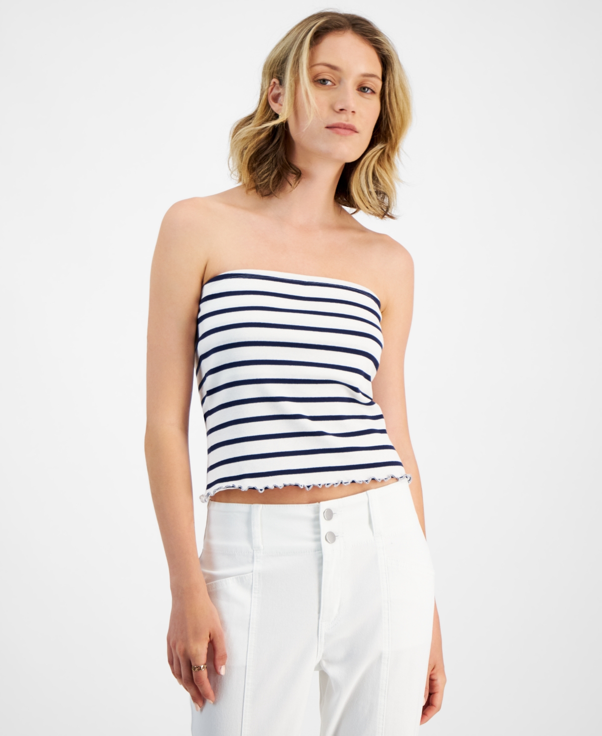 Juniors' Stripe-Print Straight-Neck Tube Top - White Navy