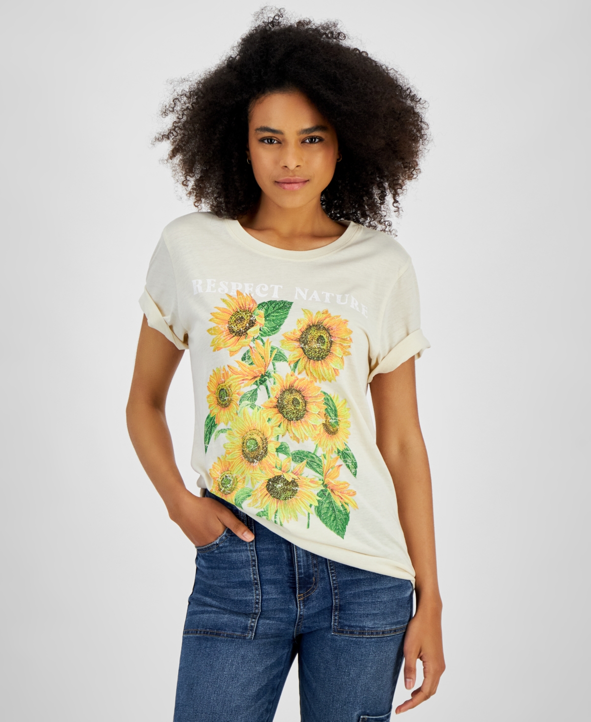 Juniors' Sunflower Graphic Crewneck T-Shirt - White