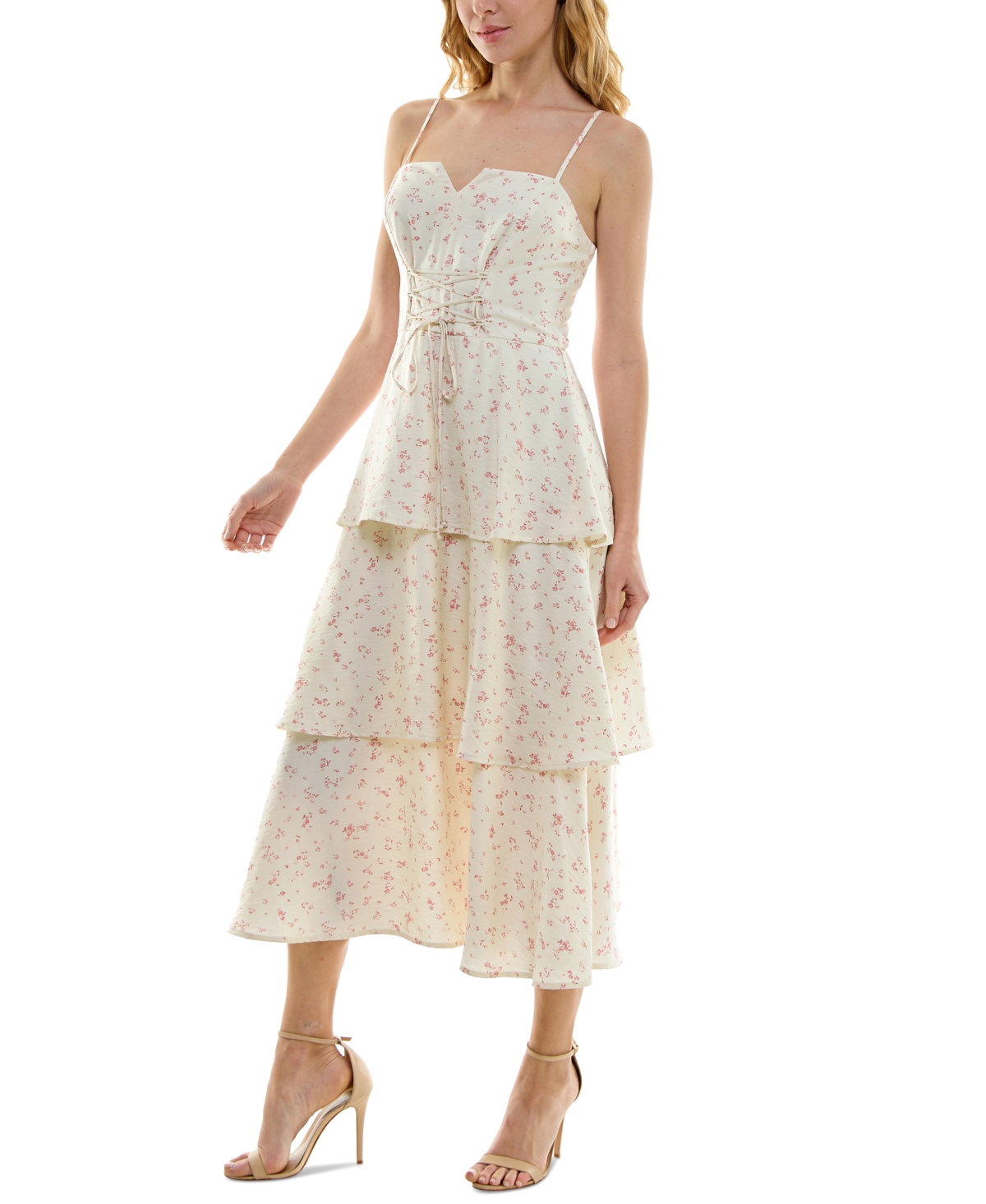 Shop Trixxi Juniors' Tiered Lace Sleeveless Midi Dress In Naturalpnk